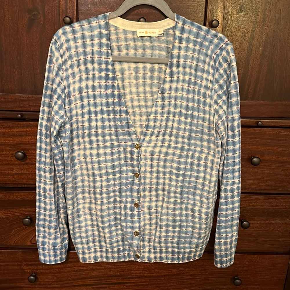 Tory Burch Size XL blue beige and purple 5 button cardigan
